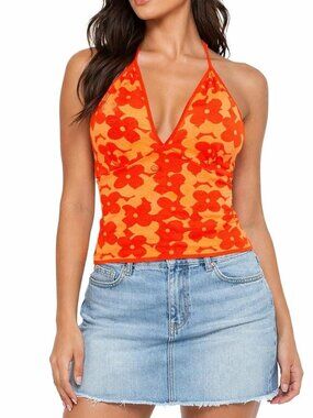 NWOT Madden NYC Floral Halter Top – Size L – Bold Orange Summer Crop